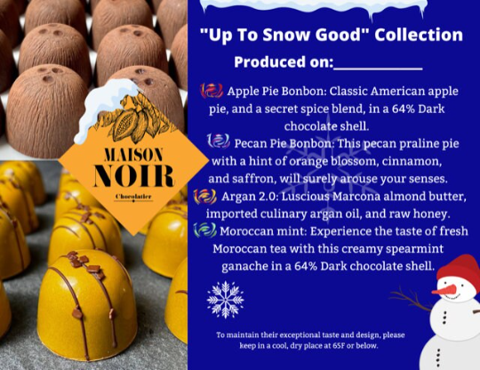 Seasonal availability only! Winter Collection 64% Dark chocolate Bonbons.