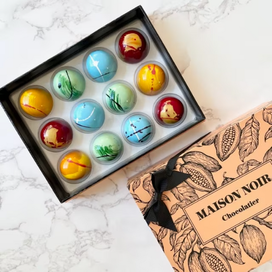 Seasonal availability only! Winter Collection 64% Dark chocolate Bonbons.