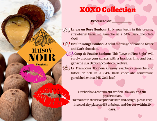 Seasonal availability only! "Chic and sexy XOXO" 64% Dark chocolate Bonbon collection.